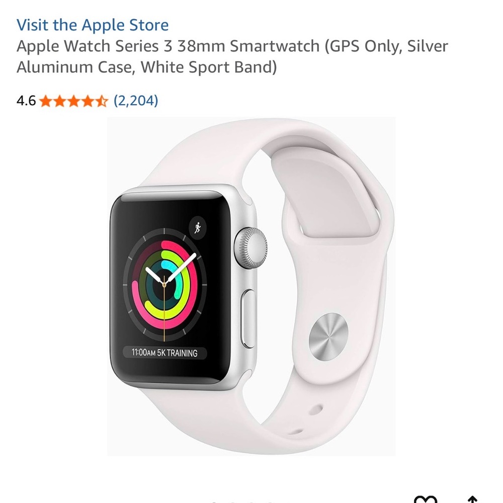 Apple Watch Series 3 (38mm) Silver Aluminum Case with White Sport Band EUC